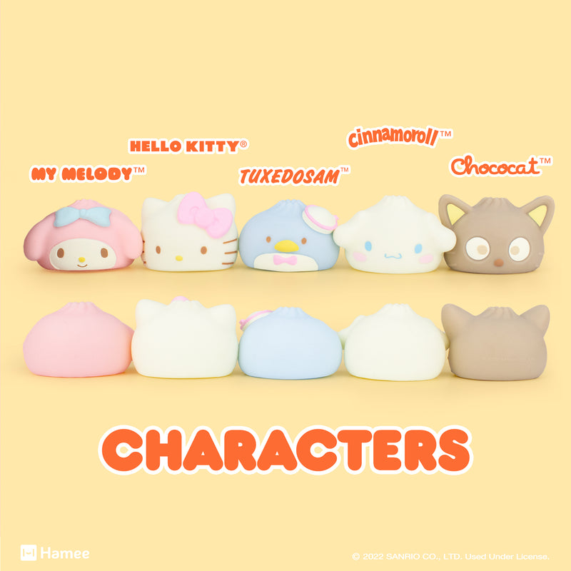 Available Characters include My Melody, Hello Kitty, Tuxedosam, Cinnamoroll, and Chococat