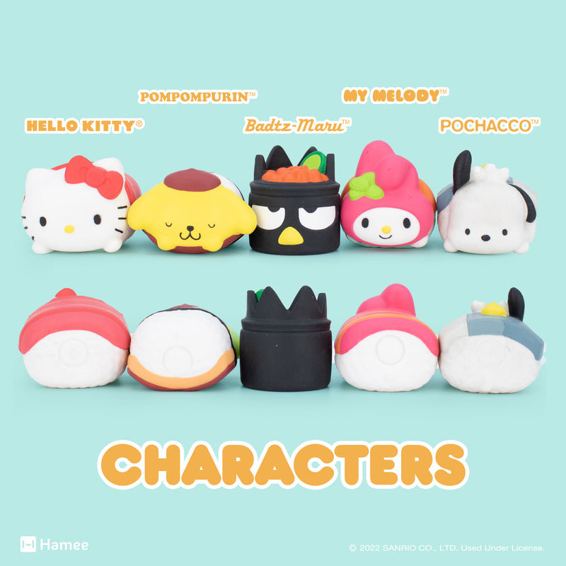 Available characters include Hello Kitty, Pompompurin, Pochacco, My Melody, and Badtz-maru.